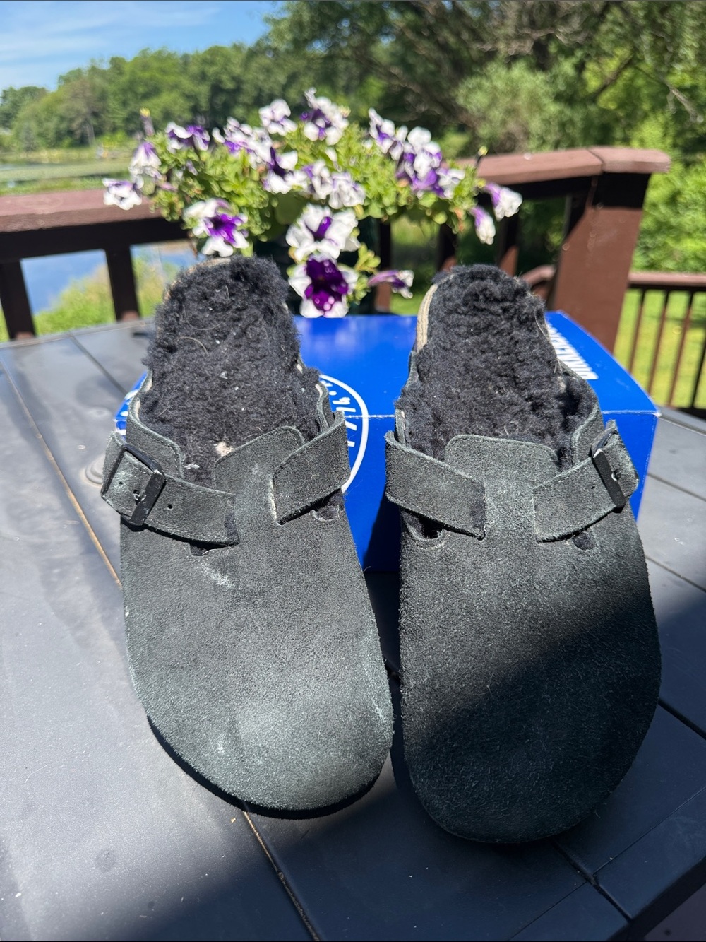 Birkenstock Boston Black Suede Shearling-Lined Clogs size 11 42 reg